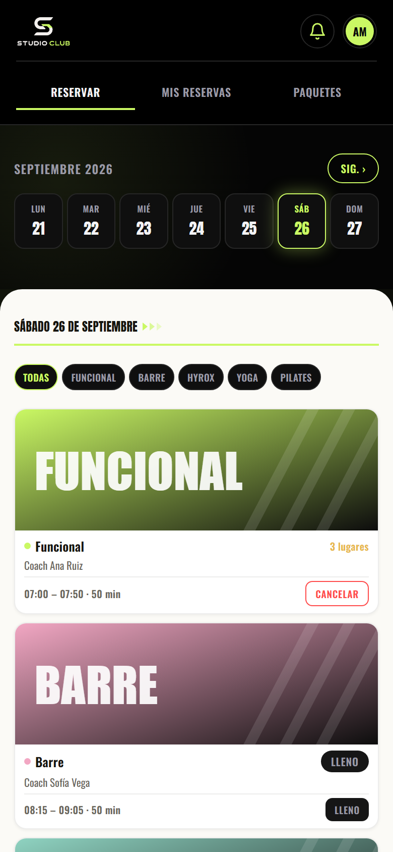 Pantalla de reservas de la app, vista en un iPhone